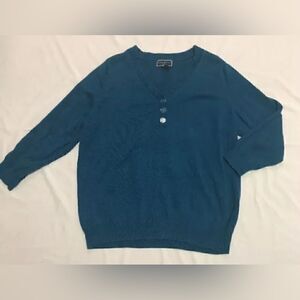 Karen Scott 3/4 Women's Teal Blue V-Neck Button Top Sweater - Size 1X